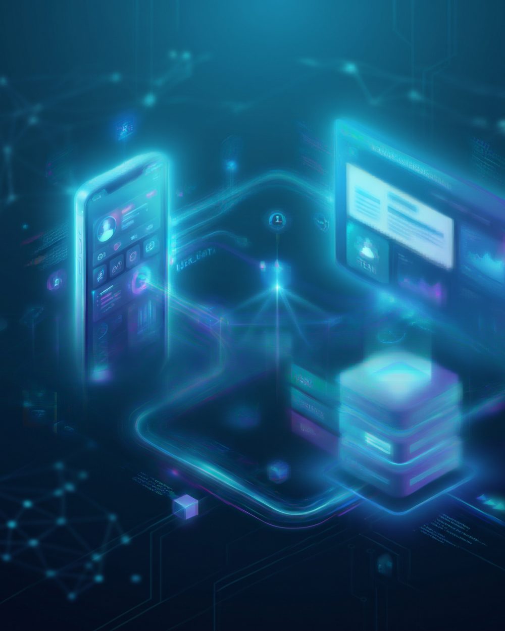 Illustration: Smartphone, Browser und Datenbank sind über Schnittstellen miteinander verbunden