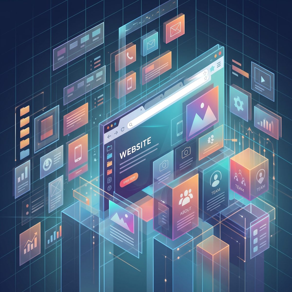 Illustration: eine Website entsteht aus einzelnen Modulen, Inhaltsblöcken und Bausteinen