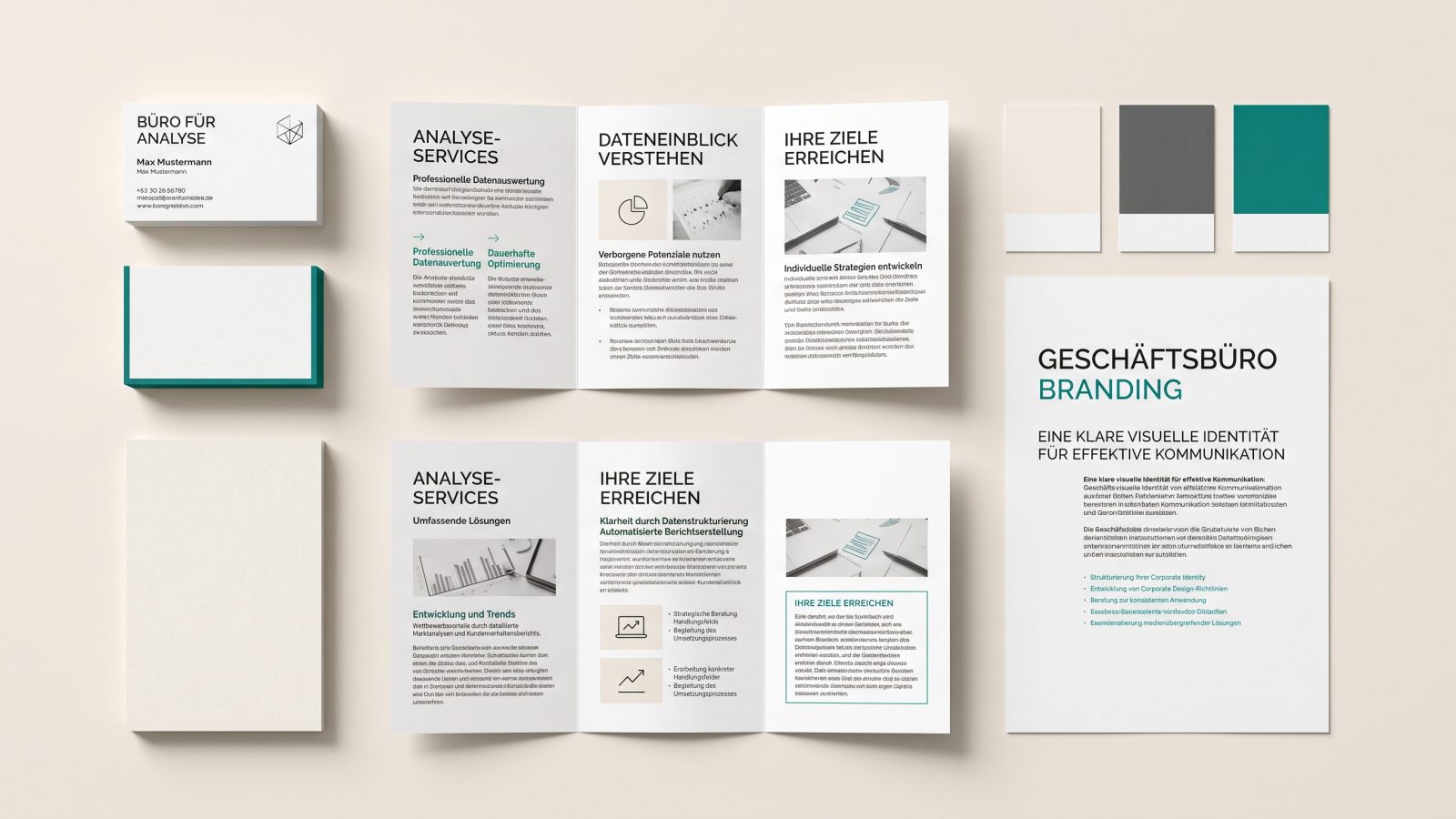 Visitenkarten, Broschüren und Farbmuster eines einheitlichen Corporate Designs
