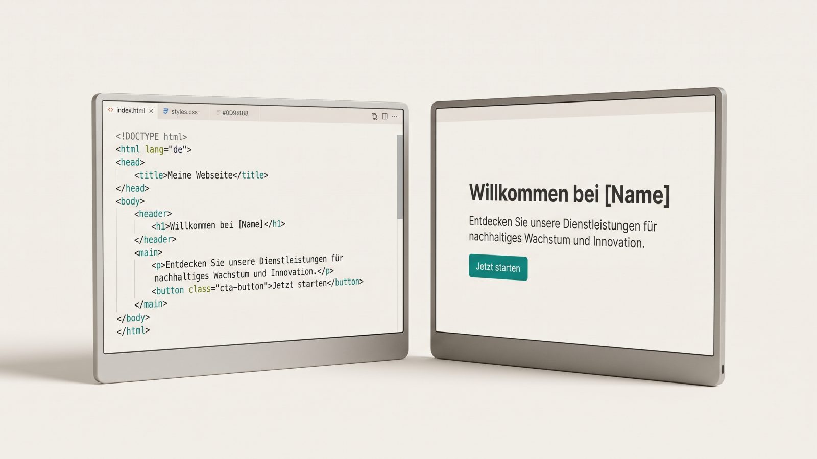 Zwei Bildschirme: links der HTML-Code, rechts die daraus entstandene Website