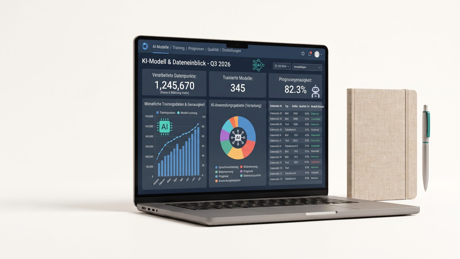 Laptop mit einem KI-Dashboard, daneben ein Notizbuch und ein Stift