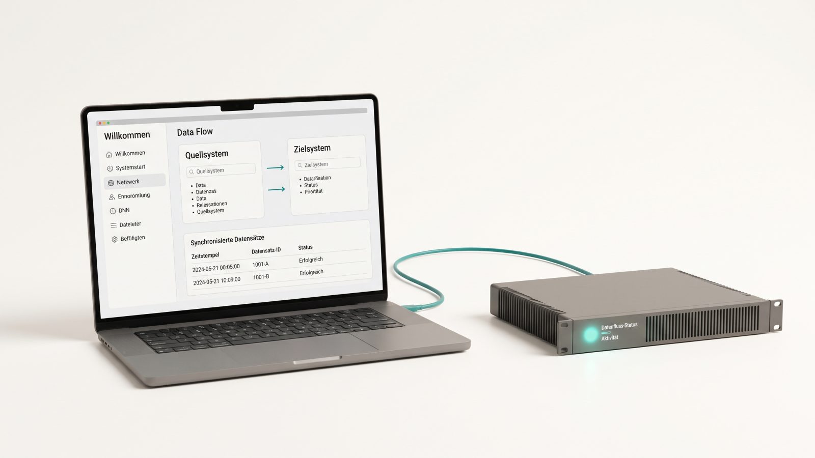 Laptop und Server-Einheit, über ein Kabel verbunden, mit einer Datenfluss-Ansicht