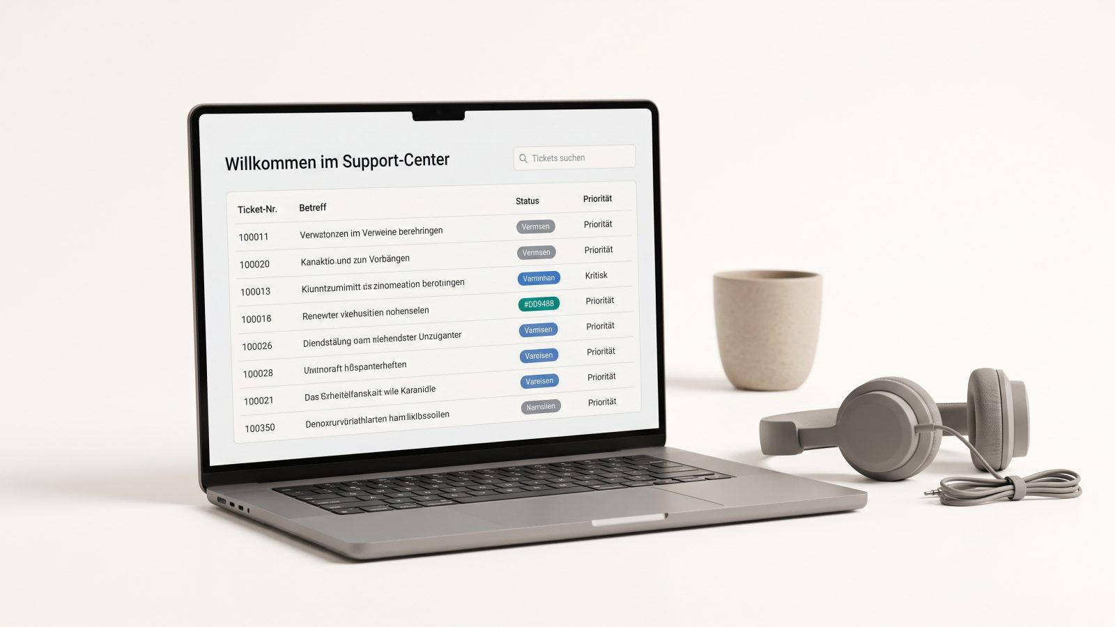 Laptop mit einer Übersicht offener Support-Tickets, daneben ein Headset