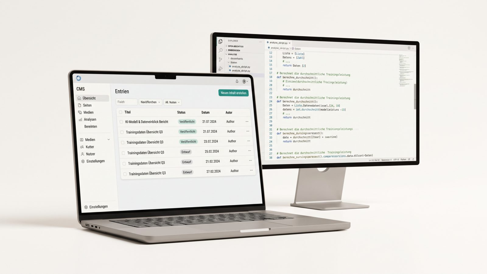 Laptop mit Redaktionsoberfläche und Monitor mit geöffnetem Code-Editor